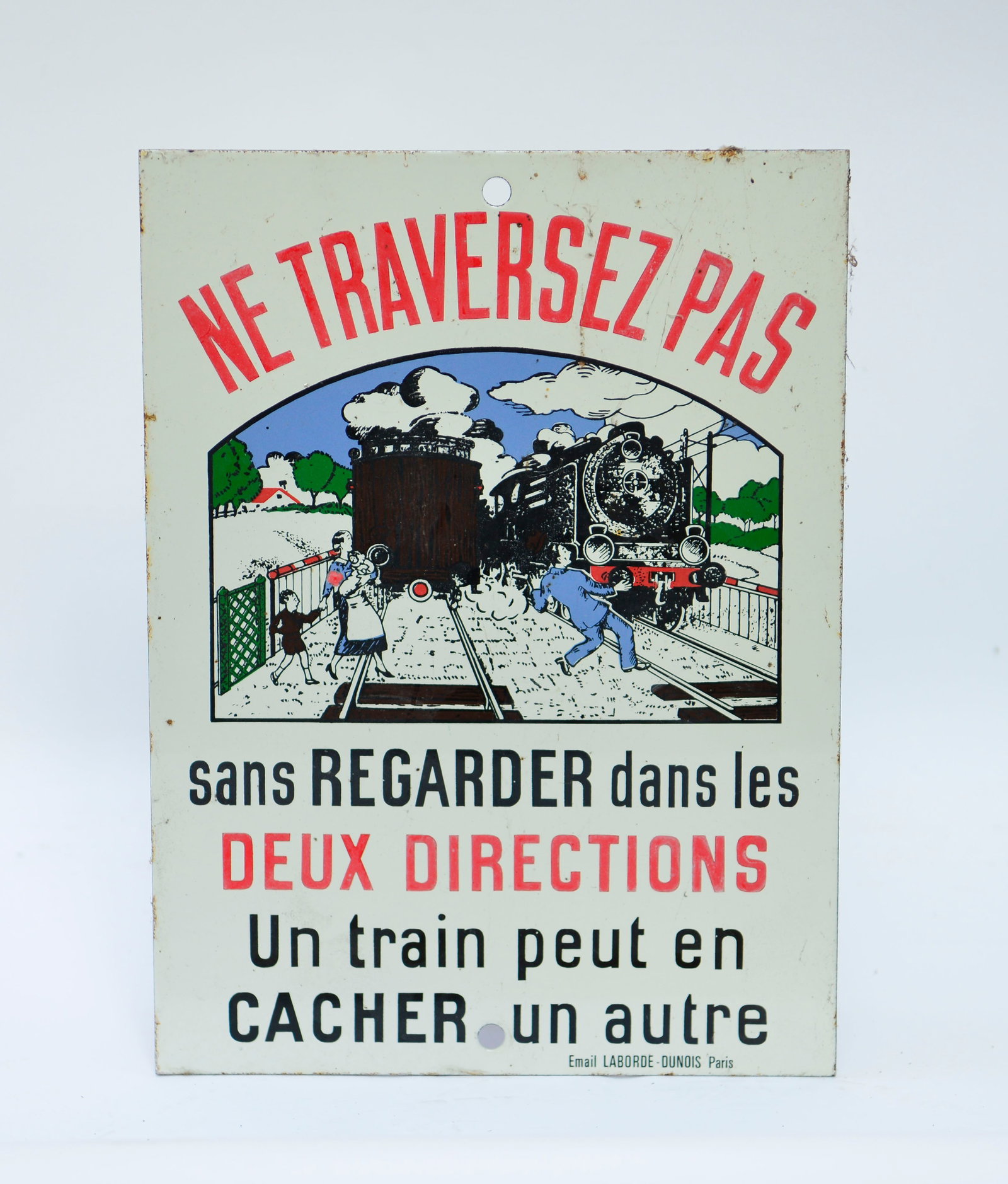 Ne Traversez Pas, Eisenbahn Emailschild: Ne Traversez Pas, Eisenbahn Emailschild, 38x28 cm, Z 1-2