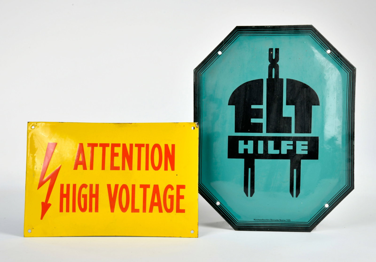 Hilfe & High Voltage, 2x Emailschild: Hilfe & High Voltage, 2x Emailschild, 36x28 & 30x20 cm, Z 2