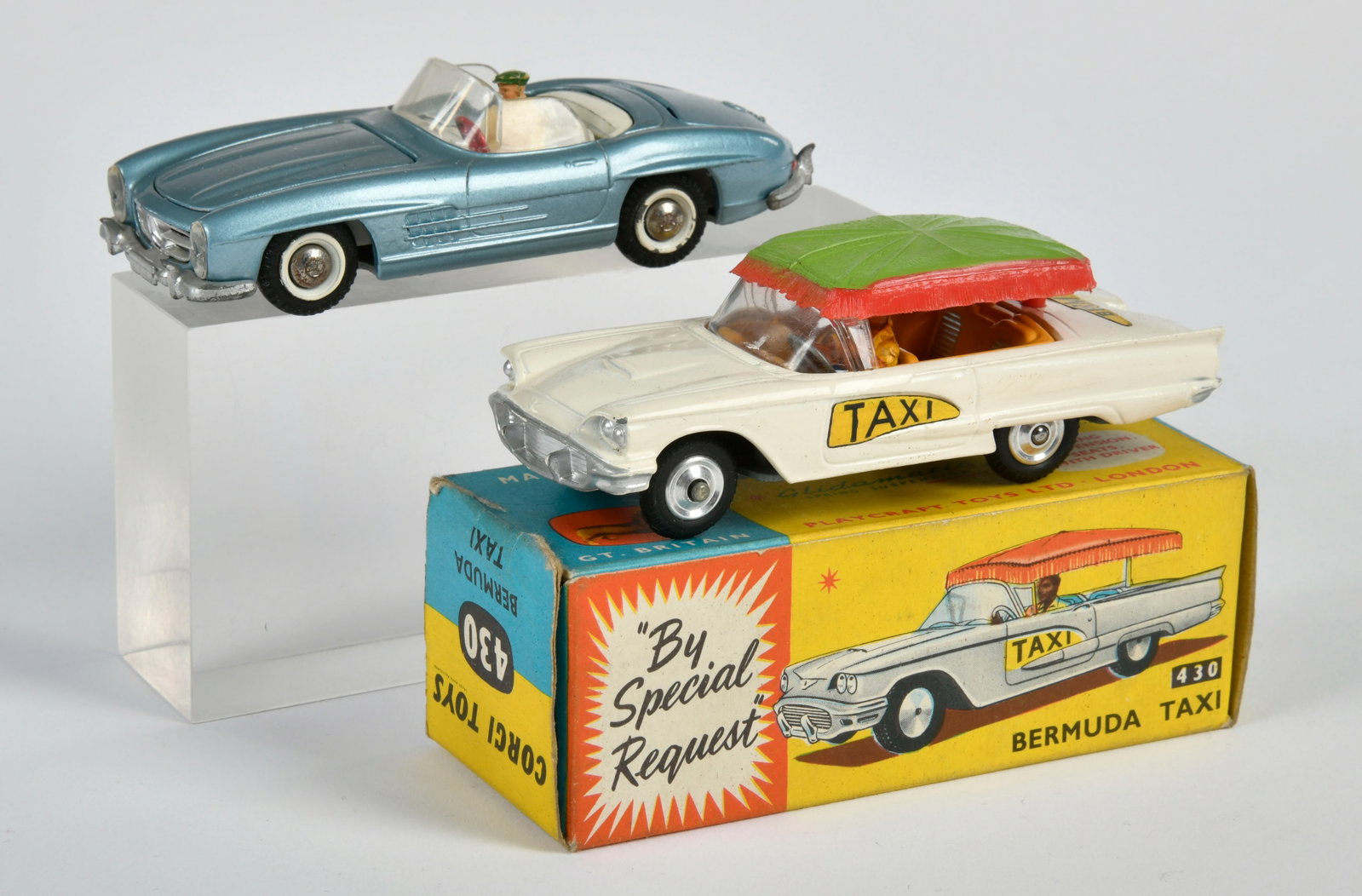 Corgi Toys, 430 Bermuda Taxi & Tekno Mercedes Benz 300 SL: Corgi Toys, 430 Bermuda Taxi & Tekno Mercedes Benz 300 SL, 1:43, 1x Okt, Z 1-2