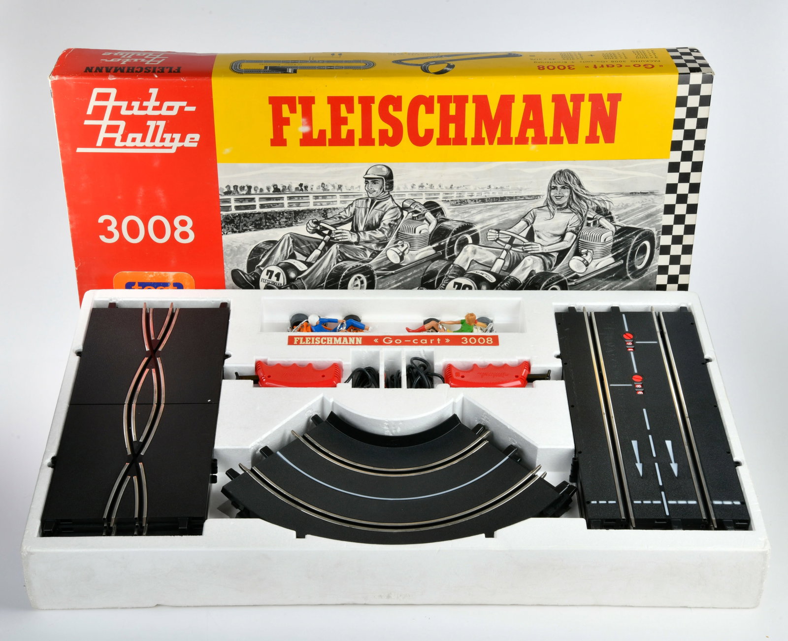 Fleischmann, Go Kart Bahn, Auto-Rallye 3008: Fleischmann, Go Kart Bahn, Auto-Rallye 3008, W.-Germany, 2 Fahrzeuge, neuwertig im Originalkarton