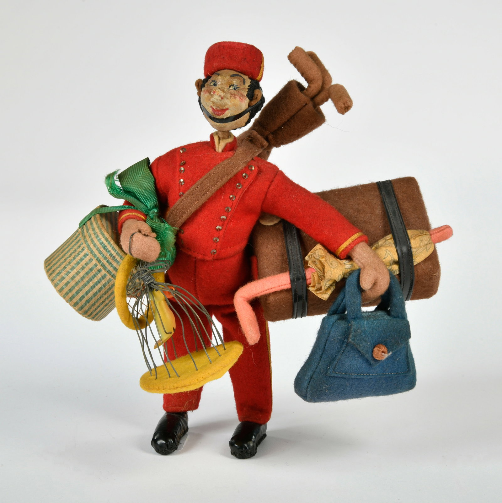 Roldan, Bellhop Doll - Koffertrager: Roldan, Bellhop Doll - Koffertrager, Spain, 1950er Jahre, 23 cm, GemBw., Nase leicht beschadigt, sonst schoner Originalzustand
