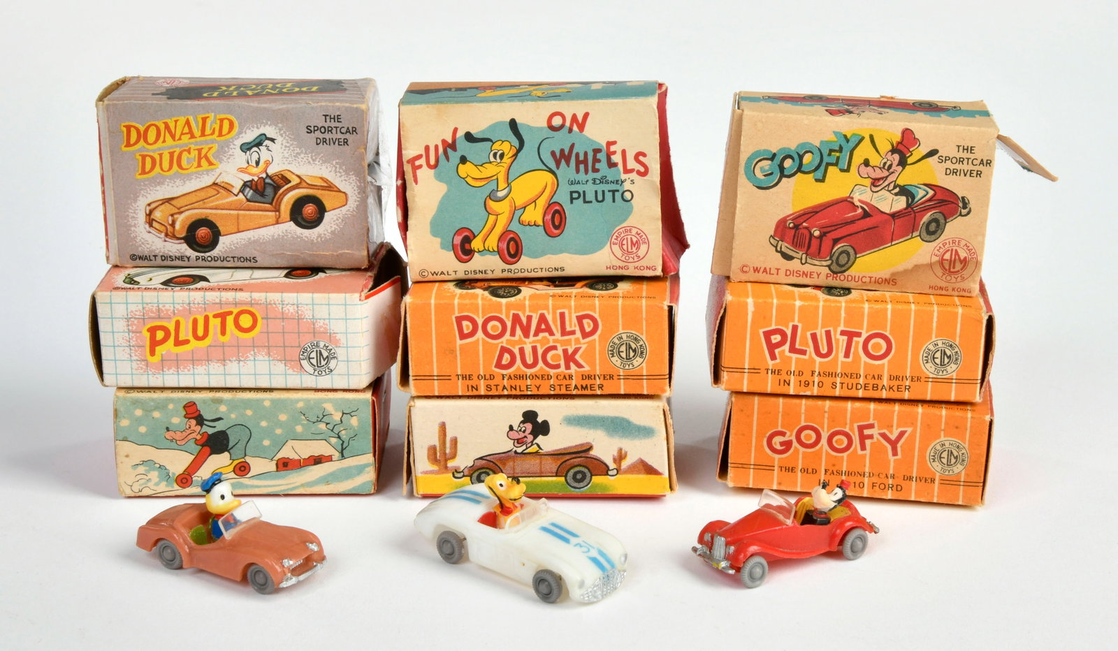 ELM Toys, 9 Walt Disney Miniatur-Fahrzeuge: ELM Toys, 9 Walt Disney Miniatur-Fahrzeuge, Hong Kong, um 1950, 4-5 cm, Kst. Okt (4 x beschadigt), Altersspuren, sonst gut