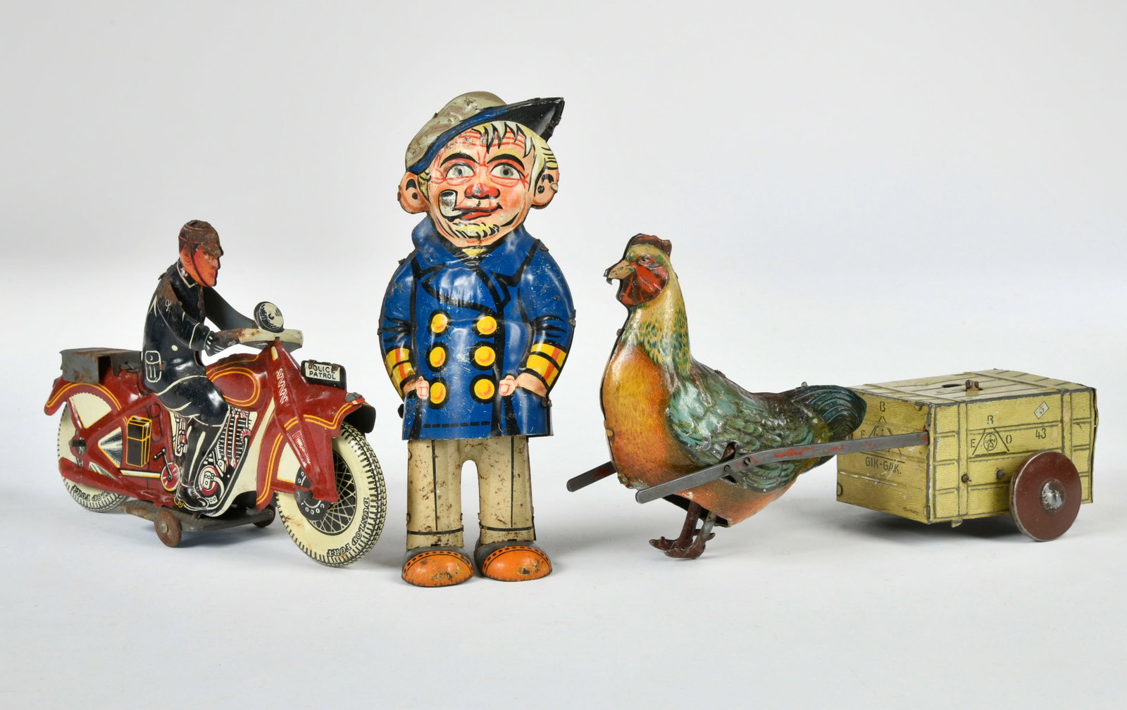 Eberl, Mettoy, Gama, Motorrad, Seemann & Huhnerkutsche: Eberl, Mettoy, Gama, Motorrad, Seemann & Huhnerkutsche, Germany, England, Blech, mit Mangeln, Z 3-4