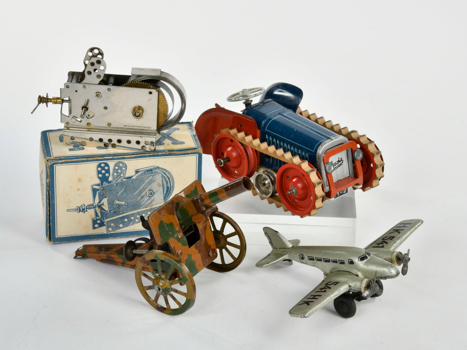 Gescha, Anfoe u.a., Raupenschlepper, Flugzeug, Geschutz, Uhrwerk: Gescha, Anfoe u.a., Raupenschlepper, Flugzeug, Geschutz, Uhrwerk, Germany, Blech, Z 2