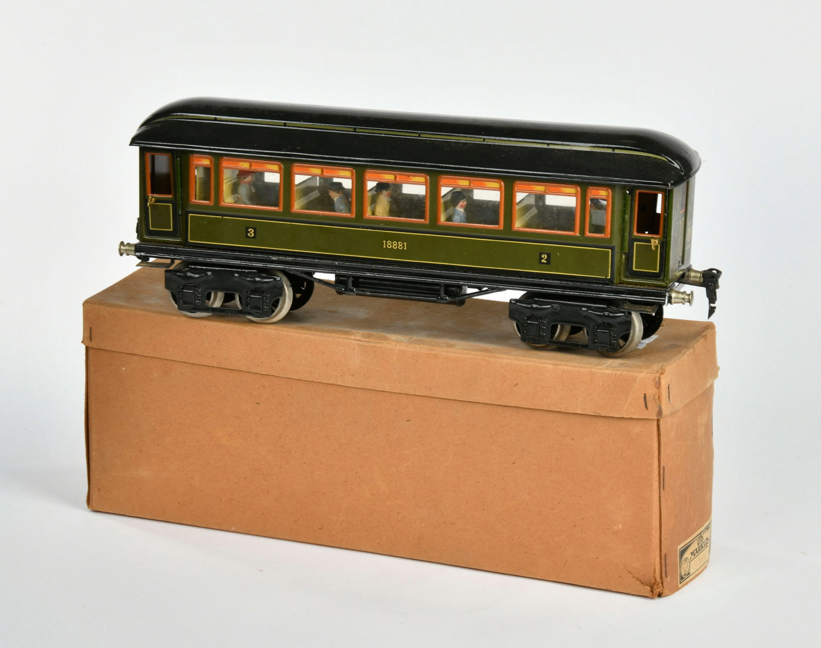 Marklin, Personenwagen 1888/1/G: Marklin, Personenwagen 1888/1/G, Spur 1, mit Inneneinrichtung, 5 Figuren, Okt, Z 1