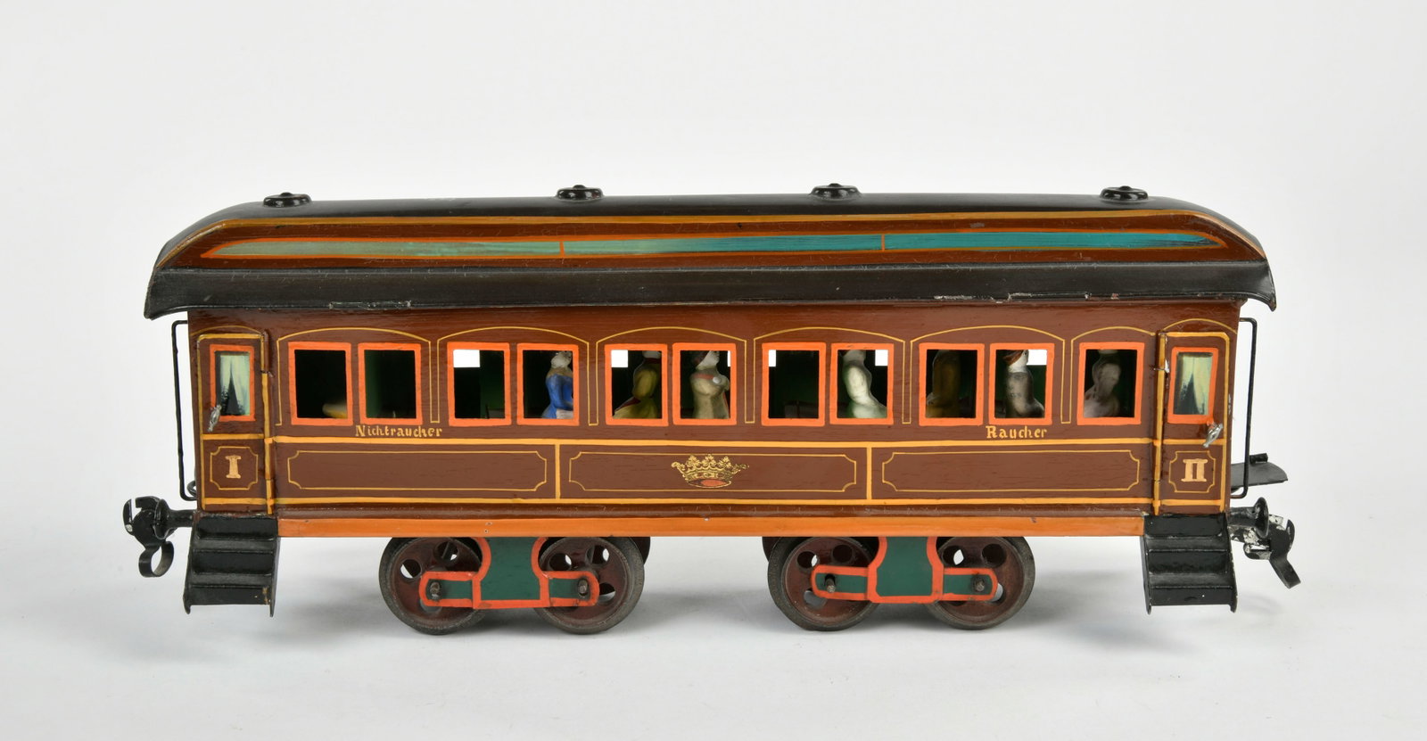Marklin, Personenwagen mit Kaiserkrone 1841: Marklin, Personenwagen mit Kaiserkrone 1841, Spur 2, Germany 1893-1903, rotbraun, 36,5 cm, 7 Figuren, sehr schoner Originalzustand