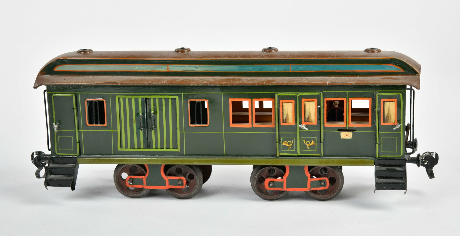 Marklin, Post-Packwagen 1844: Marklin, Post-Packwagen 1844, Spur 2, 36,5 cm, Germany 1893-1903, eine Figur, LM auf Dach, Z 2+