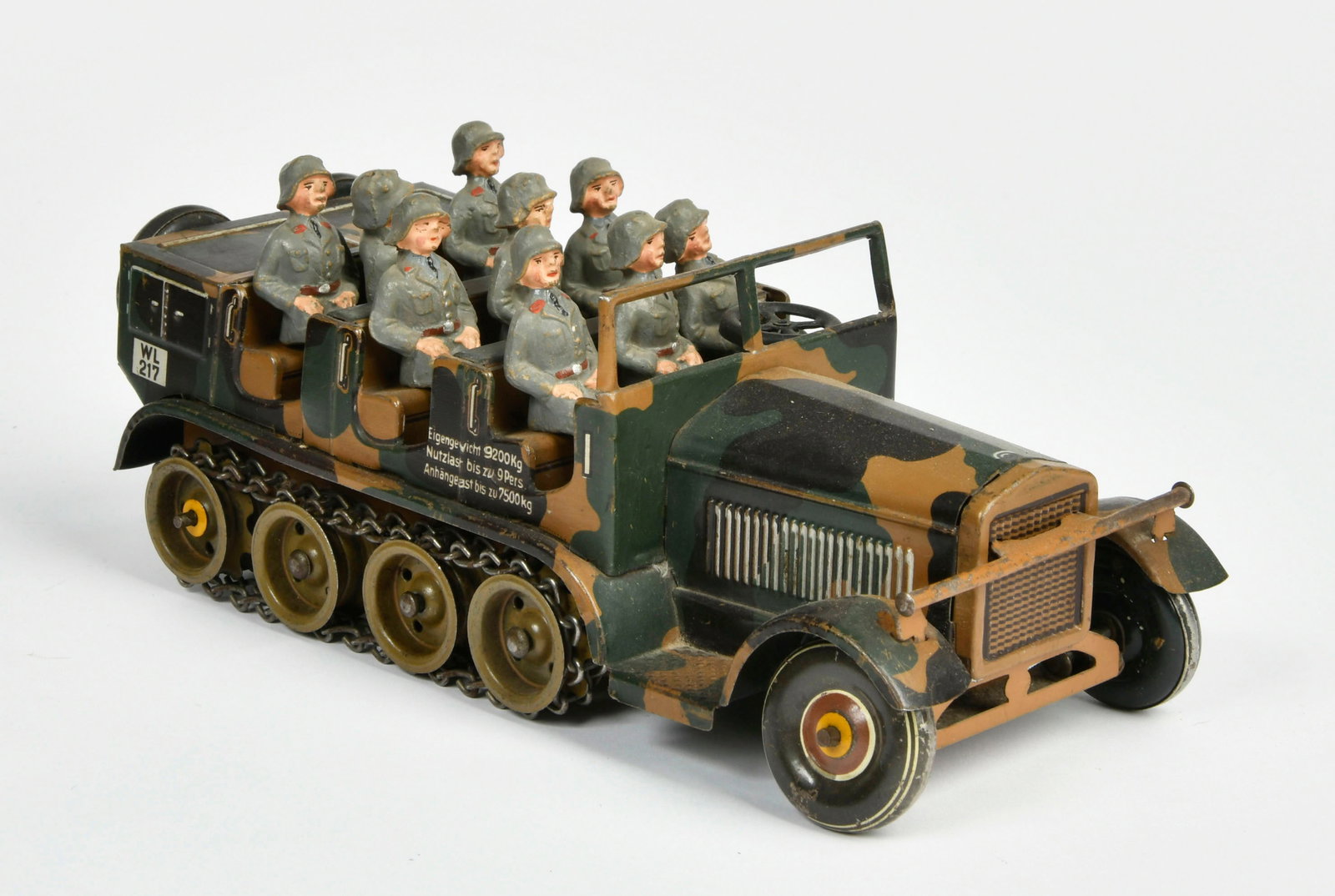 Tippco, Halbkettenfahrzeug: Tippco, Halbkettenfahrzeug, Germany VK, 22 cm, Blech, UW ok, LM, Metallketten, mit 9 Figuren, Z 2-3