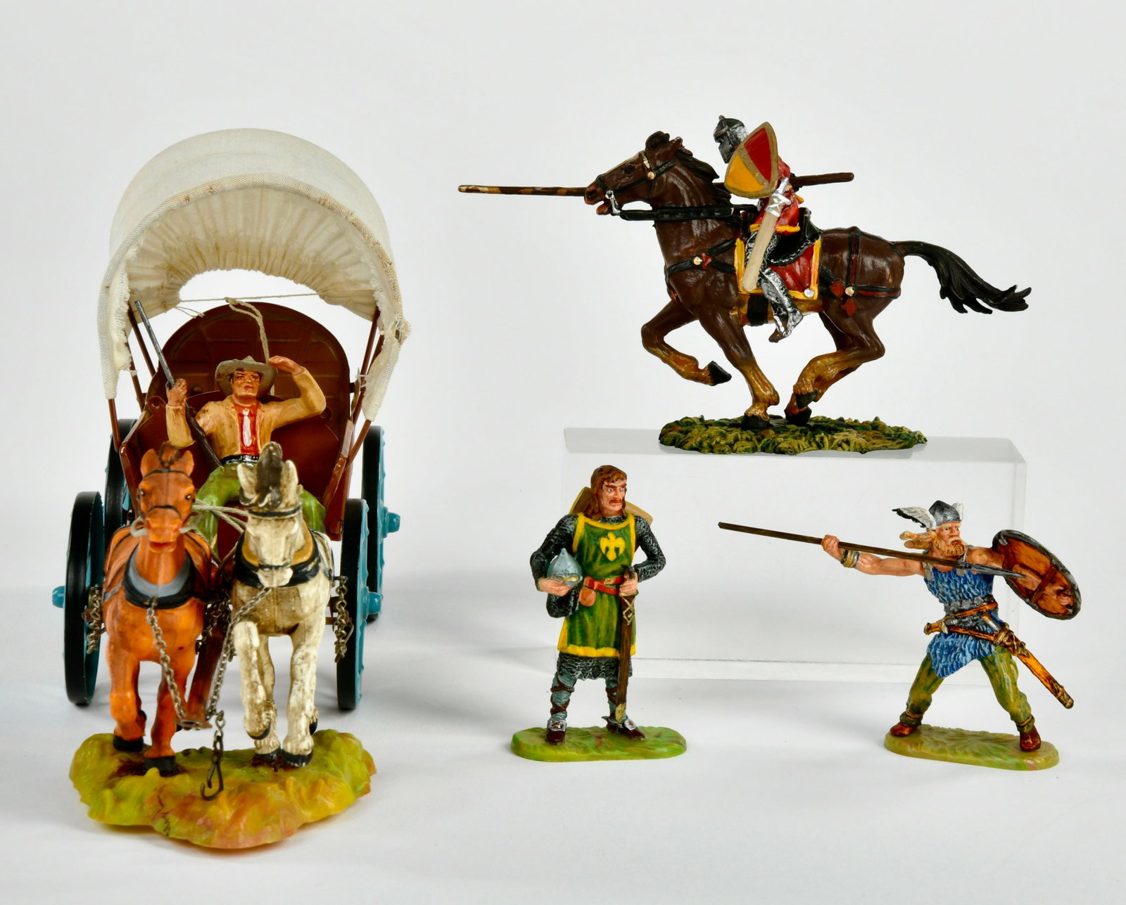 Elastolin, Planwagen und 3 Figuren: Elastolin, Planwagen und 3 Figuren, 7 cm, Kst., Z 1-/2