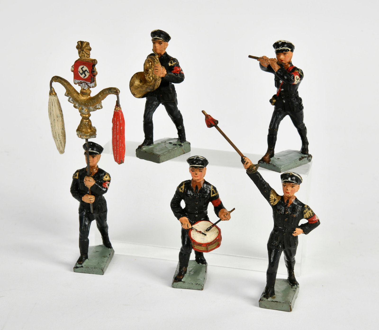 Lineol, 5x SS-Musiker im Marsch, Tambourmajor, Trommler, Pfeiffer, Waldhornblaser,: Lineol, 5x SS-Musiker im Marsch, Tambourmajor, Trommler, Pfeiffer, Waldhornblaser, Schellenbaumtrager, Germany VK, 7,5cm, Masse, Z 1