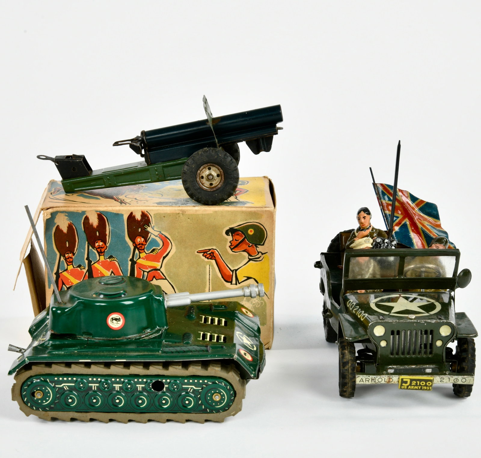 Arnold, Panzer & Jeep 2100 mit Geschutz: Arnold, Panzer & Jeep 2100 mit Geschutz, US Z.-Germany, Blech, UW defekt, LM, Z 2