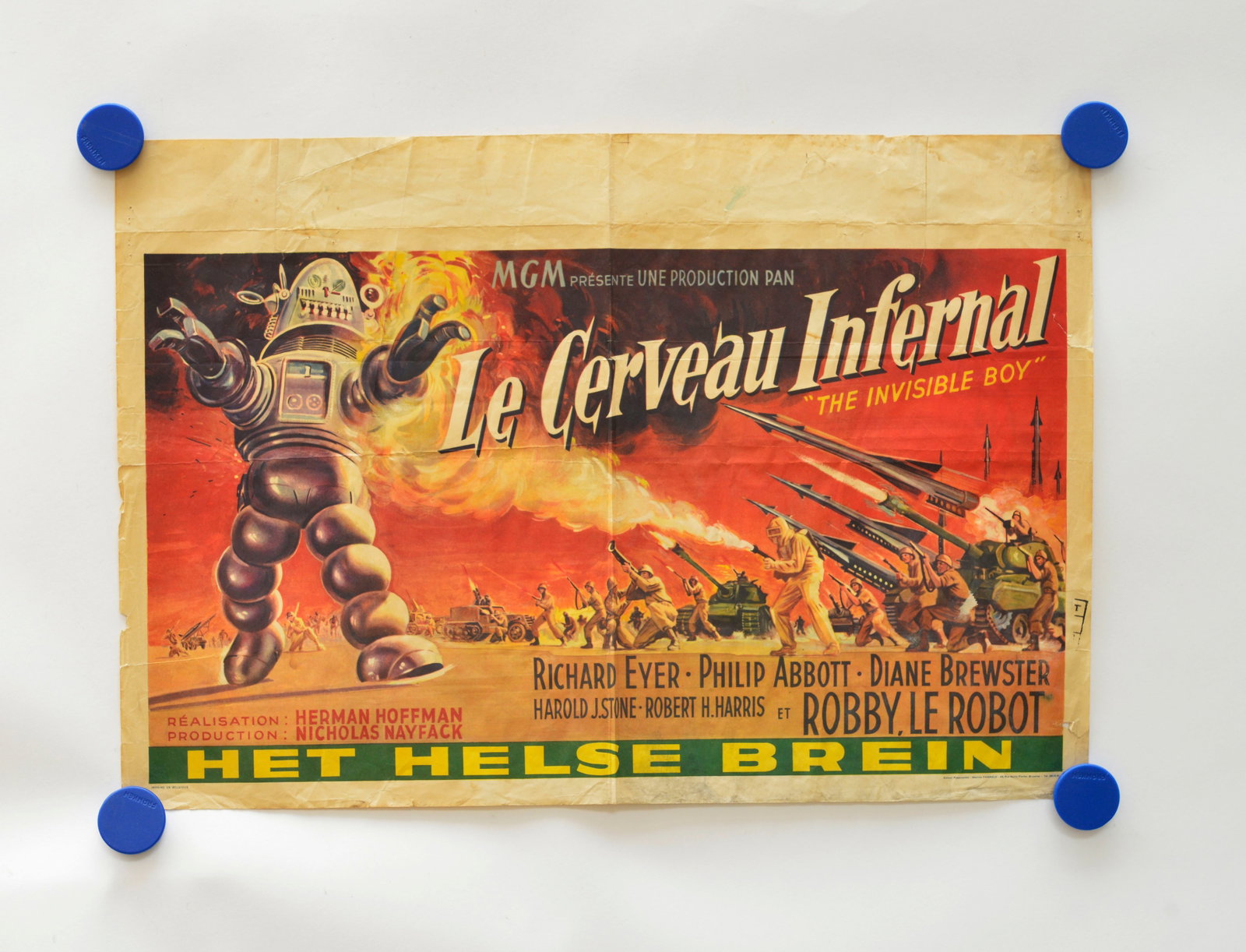 Kino Plakat, Le Cerveau Infernal (The Invisible Boy) Robby the Robot: Kino Plakat, Le Cerveau Infernal (The Invisible Boy) Robby the Robot, 55 x 38 cm, Belgium, 60er Jahre, Z 2-