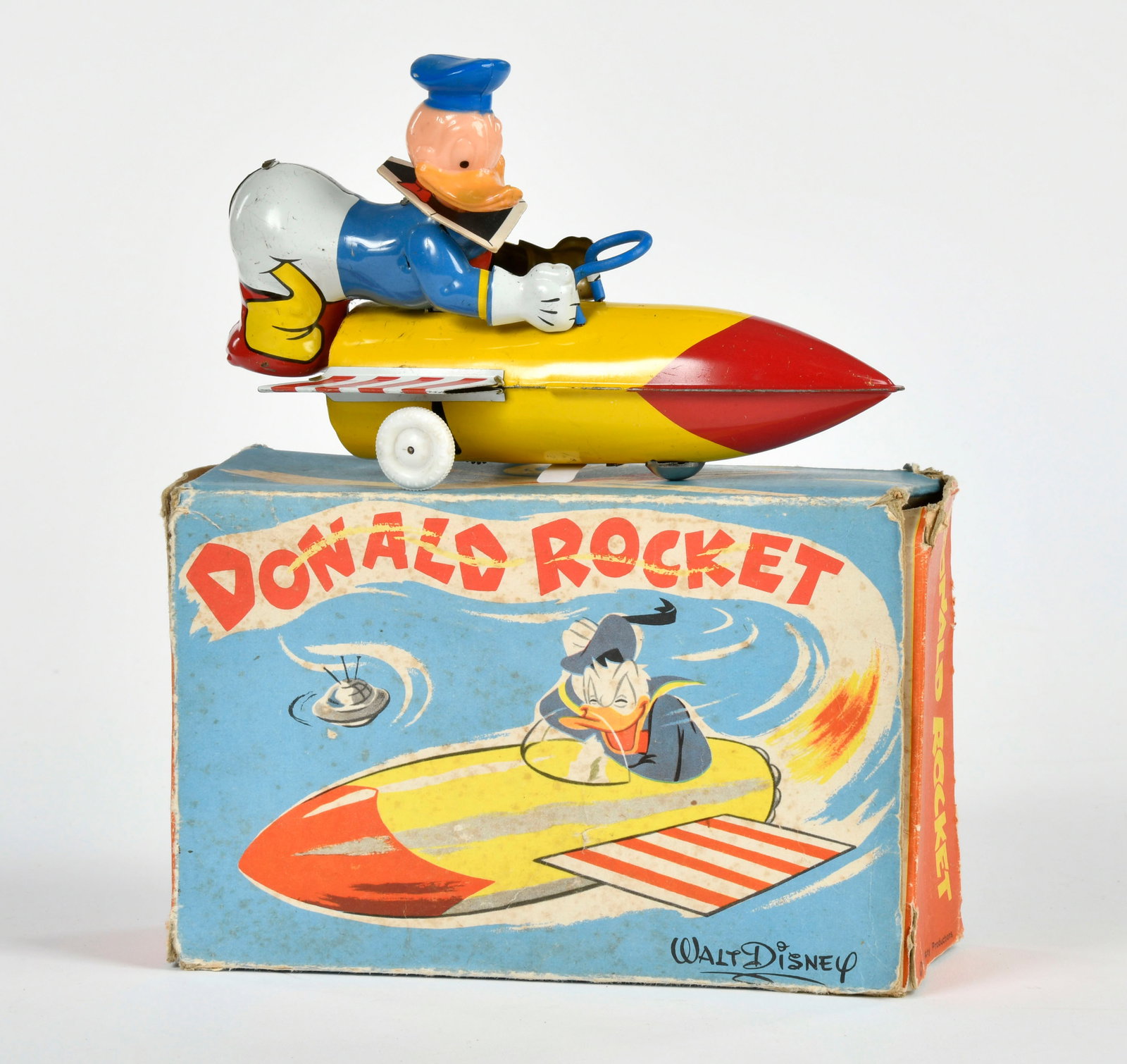 Walt Disney Productions, Donald Rocket: Walt Disney Productions, Donald Rocket, France, 18 cm, Blech, Friktion ok, min. LM, Okt Z 2, Z 1-