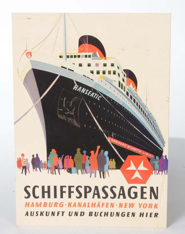 Promotional cardboard: English: Promotional Cardboard, "Hanseatic Schiffspassagen", cardboard/paper, flat, condition 2-3 Deutsch: Werbepappe, Hanseatic Schiffspassagen, 30x42 cm, Pappe/Papier, flach, Z 2-3, (55)