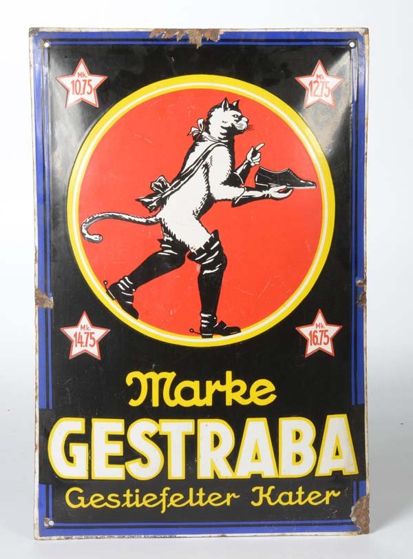 Enamel Sign: English: Enamel Sign, Gestraba "Puss in Boots", enamel, convex, condition 2 Deutsch: Emailleschild, Gestraba "gestiefelter Kater", 40x60 cm, Emaille, gewölbt, Z 2, (55)
