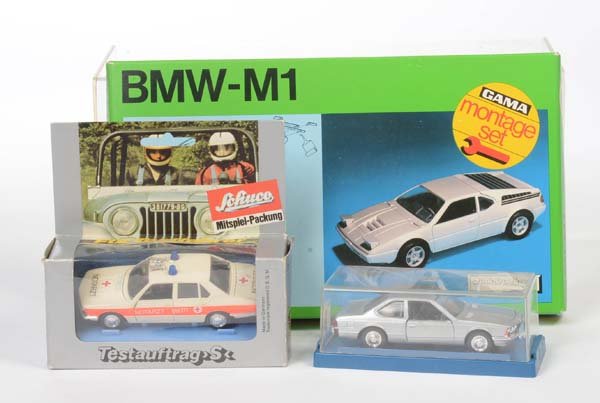 Gama+Schuco: English: Gama+Schuco, M1+2xBMW (Schuco), W.-Germany, original box condition 1, condition 1 Deutsch: Gama+ Schuco, M1+ 2x BMW (Schuco), W.-Germany, 1:43cm, Okt Z. 1, Z. 1, (6)