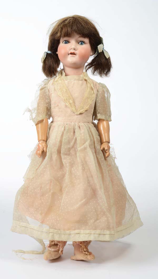 AM Doll: English: AM 390, Doll with Head out of Porcelain, severe used, limbs body Deutsch: AM 390, Porzellankopf Puppe, 60 cm, stark bespielt, Gliederkörper, (2487)