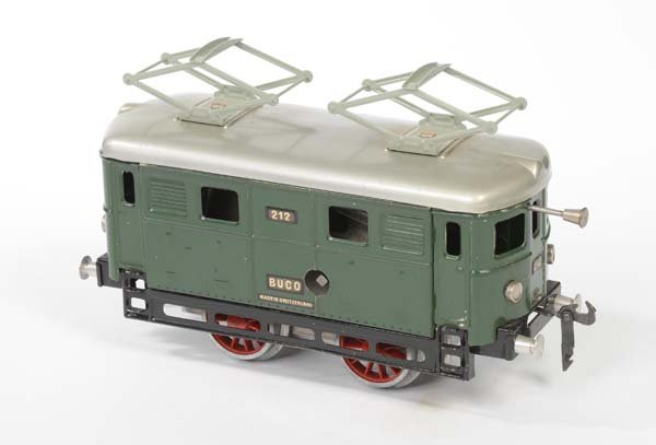 Buco: English: Buco, Loco 212, Switzerland, gauge 0, windup ok, condition 1- Deutsch: Buco, Lok 212, Switzerland, Spur 0, 17,5 cm, Uhrwerk ok, Z 1-, (3825)