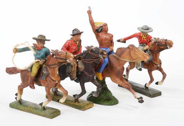 Lineol: English: Lineol, 3 Cowboys+ 1 Indian on horse, Germany prewar, composite, condition 1/1- Deutsch: Lineol, 3 Cowboys+1 Indianer zu Pferd, Germany VK, 7 cm, Masse, Z 1/1-, (1614)