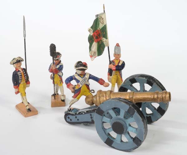 Lineol: English: Lineol a. others, 4 soldiers with cannon, Germany prewar, composite, condition 2+/2- Deutsch: Lineol u. andere, 4 Soldaten mit Kanone, Germany VK, 7 cm, Masse, Z 2+/2-, (934)