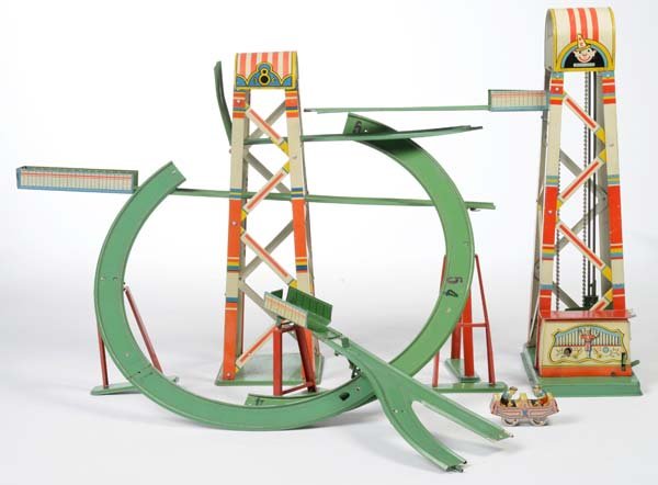 Goeso: English: Goeso, Funfair Roller Coaster, tin, windup ok, tracks complete, including 1 original vehicle, condition + Deutsch: Göso, Kirmesbahn, Germany, 114 cm lang, Blech, Uhrwerk ok, Schienen komplet