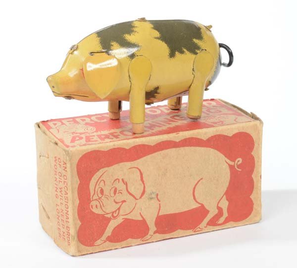 Bell: English: Bell, Dancing Pig, Italy, tin, wind up ok, original box condition 1-, condition 1- Deutsch: Bell, Tanzendes Schwein, Itlay, 11 cm, Blech, Uhrwerk ok, Okt Z 1-, Z 1-, (2638)