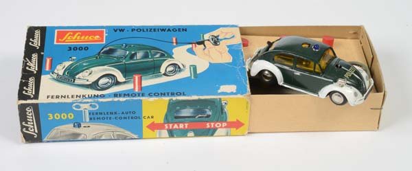 Schuco: English: Schuco, VW Kaefer "Police", W.-Germany, tin, windup ok, original box condition 2-, condition 1- Deutsch: Schuco, VW Käfer "Polizei", W.-Germany, 10 cm, Blech, Uhrwerk ok, Okt Z 2-, Z 1-, (38
