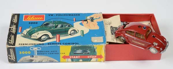 Schuco: English: Schuco, VW Fire Engine, W.-Germany, tin, windup ok, original box condition 2-, condition 1- Deutsch: Schuco, VW Feuerwehr, W.-Germany, 10 cm, Blech, Uhrwerk ok, Okt Z 2-, Z 1-, (3880)