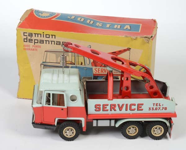 Joustra: English: Joustra, Breakdown Lorry, France, tin, windup ok, minimal paint damage, original box condition 4, door handle missing, condition 2 Deutsch: Joustra, Abschleppwagen, France, 28 cm, Blech, Uhrw