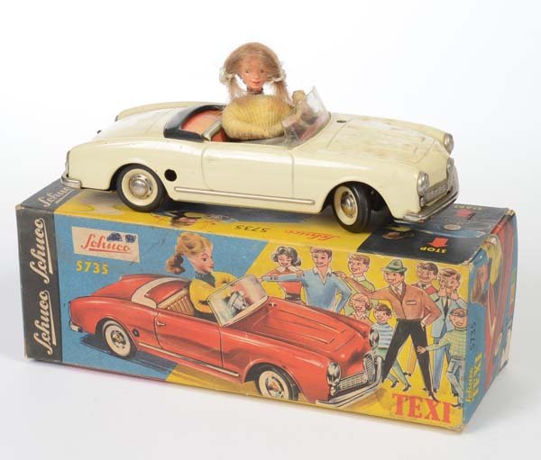 Schuco: English: Schuco, Texi, W.-German, tin, windup ok, original box condition 2, dirty, must be refreshed, with accessory, condition 2- Deutsch: Schuco, Texi, W.-Germany, 23 cm, Blech, Uhrwerk ok, Okt Z 2,