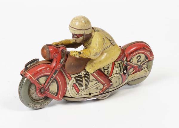 Schuco: English: Schuco, motorcycle sport, Germany prewar, tin, wind up stiff, strong paint damage, condition 3- Deutsch: Schuco, Motorrad Sport, Germany VK, 12 cm, Blech, Uhrwerk schwergängig, starke Lackm�