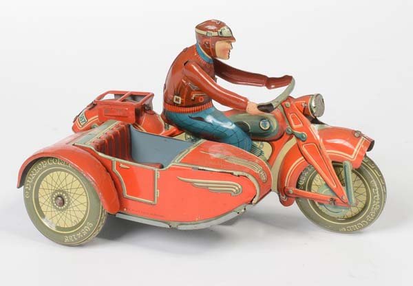 Tipp&Co: English: Tipp&Co, motorcycle with sidecar T 587, US Z. Germany, tin, wind up ok, sidecar: paint damage, condition 2-3 Deutsch: Tipp&Co, Beiwagen-Motorrad T 587, US Z. Germany, 19 cm, Blech, Uhrwerk ok