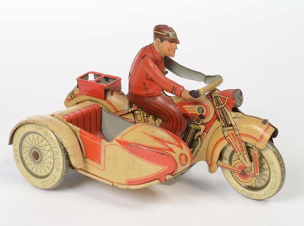 Tipp&Co: English: Tipp&Co, motorcycle with sidecar 586, US Z. Germany, tin, wind up ok, paint damage, dirty, condition 2-3 Deutsch: Tipp&Co, Beiwagen-Motorrad T 586, US Z. Germany, 19 cm, Blech, Uhrwerk ok, La