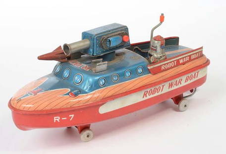 ASC Robot War Boat: English: ASC Robot War Boat, japan, tin, crank drive ok, minimal paint damage, dirty, condition 2- Deutsch: ASC Robot War Boat, Japan, 32 cm, Blech, Kurbelantrieb ok, minimale Lackmängel, schmutzig,