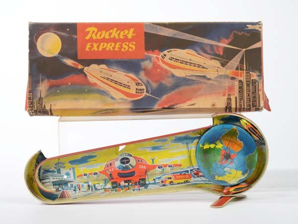 Technofix: English: Technofix, Rocket Express 286 with 2 vehicles, W.-Germany, tin, wind up ok, condition 2+ Deutsch: Technofix, Spacebahn 286 mit 2 Fahrzeugen, W.-Germany, 37 cm, Blech, Uhrwerk ok, Z 2+, (6)