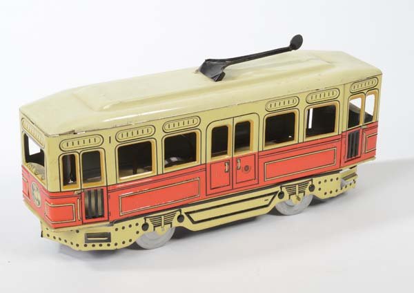Guenthermann: English: Guenthermann, tram, Germany, tin, wind up ok, minimal paint damage, condition 1- Deutsch: Günthermann, Straßenbahn, Germany, 30 cm, Blech, Uhrwerk ok, minimale Lackmängel, Z 1-, (6)