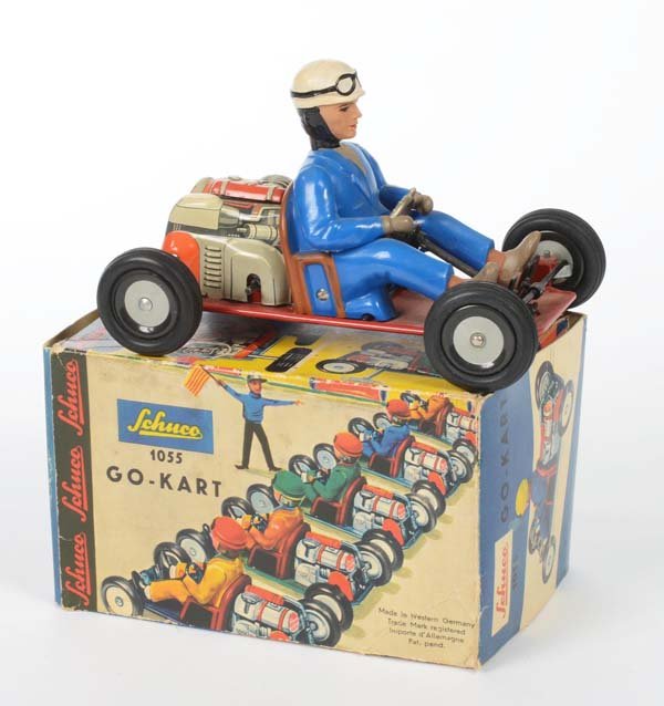 Schuco: English: Schuco, Gokart, W.-Germany, mixed material, wind up ok, original box condition 2-, with instruction, condition 1- Deutsch: Schuco, Gokart, W.-Germany, 14,5 cm, Gemischtbauweise, Uhrwerk ok, O