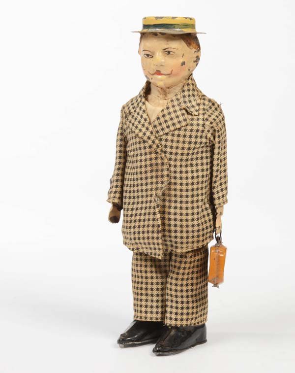 Guenthermann: English: Guenthermann, Man with Suitcase, Germany prewar, windup ok., age-related paint damage, really rare, good original condition Deutsch: Günthermann, Mann mit Koffer, Germany VK, 22 cm, Uhrwerk