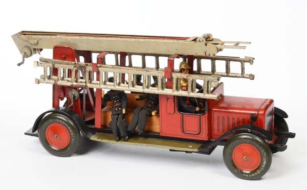 Bing: English: Bing, Fire Engine with 5 Figures, Germany prewar, tin, bench original? 1925, condition 2- Deutsch: Bing, Feuerwehr mit 5 Figuren, Germany VK, 50 cm, Blech, Bank original?, 1925, Z 2-, (237)