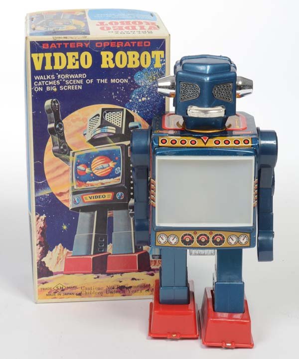 S.H.: English: S.H., Video Robot, Japan, tin, battery drive not checked, original box condition 1-2, condition 1-2 Deutsch: S.H., Video Robot, Japan, Höhe 24 cm, Blech, Batterieantrieb nicht geprüft, Okt 