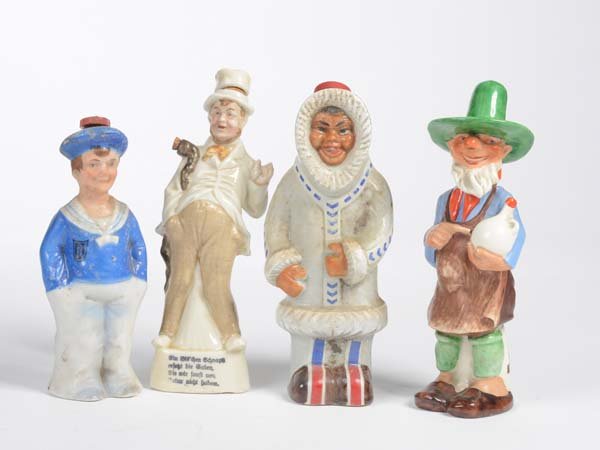 Figure Bottles: 4 Figure Bottles, ceramics, 1x filled, partially dusty, C 2