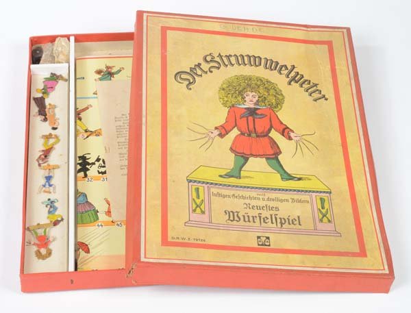 Klee: Klee, game "Der Struwwelpeter", Germany pw, paperboard, box C 1-2, complete with 7 pewter figures, backgammon board, chips, cube, instruction, C 1-