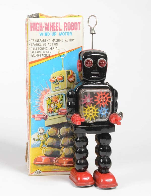 KO: KO, HighWheel Robot, Japan, tin, clcokwork, function ok, partial paint d., box C 2-3, C 2