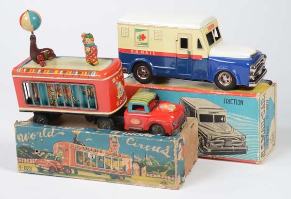SSS: SSS, M, US Mail Car + World Circus Truck, Japan, tin, friction ok, min. paint d., chrome faded, 2x box 2+/2-, C 2+/2-