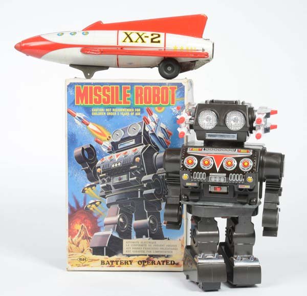 S.H.: S.H., Nomura, Rocket XX-2 + Missile Robot, Japan, tin, plastic, friction ok, bat. drive not checked, rocket: front axle missing, C 1-/2