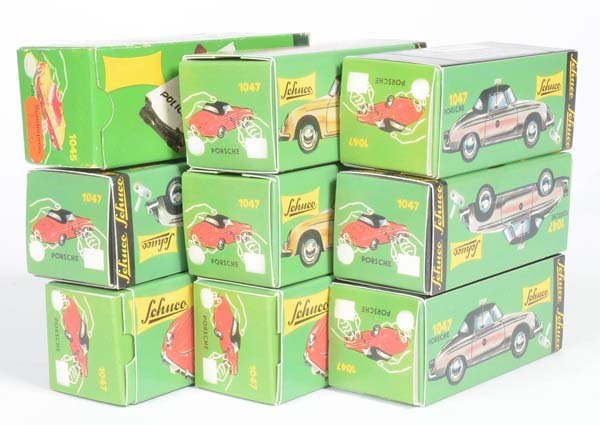 Schuco/Nutz: Schuco/Nutz, 8x Porsche (repros) + 1 Nutz Ford Police, box C 1, in mint condition