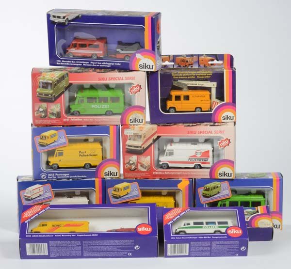 Siku: Siku, 12 Mercedes Buses + Trucks, W.-Germany, 1:55, diecast, box C 1/2+, C 1/1-