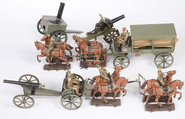 Lineol: Lineol, Sanitary Team, 7 Figures, Canons + Accessories, Germany pw, tin + composite, part. damaged on composite, otherwise very good condition
