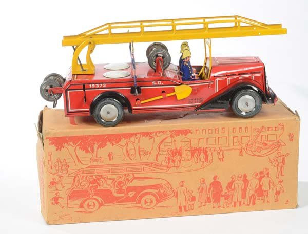 Joustra: Joustra, Fire Engine, France, tin, windup + functions ok, minimal paint damage, original box condition 2, condition 2