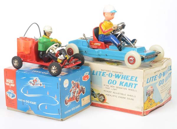 Huki + Rosko Toys: Huki + Rosko Toys, 2 Go Karts, W.-Germany + Japan, mixed construction, function not checked, box C 2, C 1-/2+